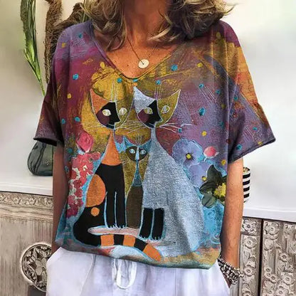 Summer Short Sleeve T-Shirt with Kitten Graphic