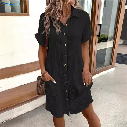 Summer Short Sleeve Solid Color Shirt Dress