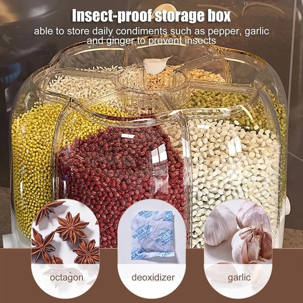 360° Rotating Grains Storage Box – Innovative Dry Food Dispenser for Effortless Kitchen Organization