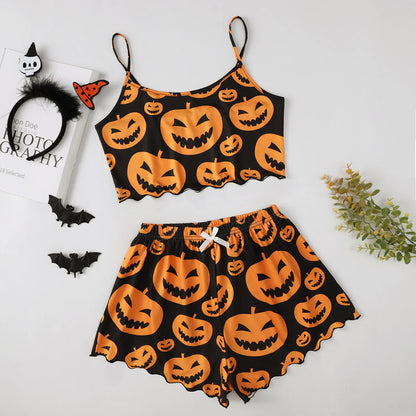 Women’s Halloween Two-Piece Pajama Set – Cozy Polyester Sleepwear