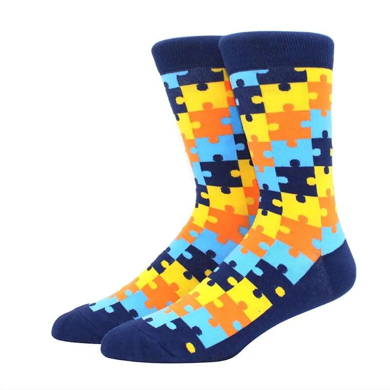 Men's Funny Diamond Pattern Happy Socks: Large Size Combed Cotton