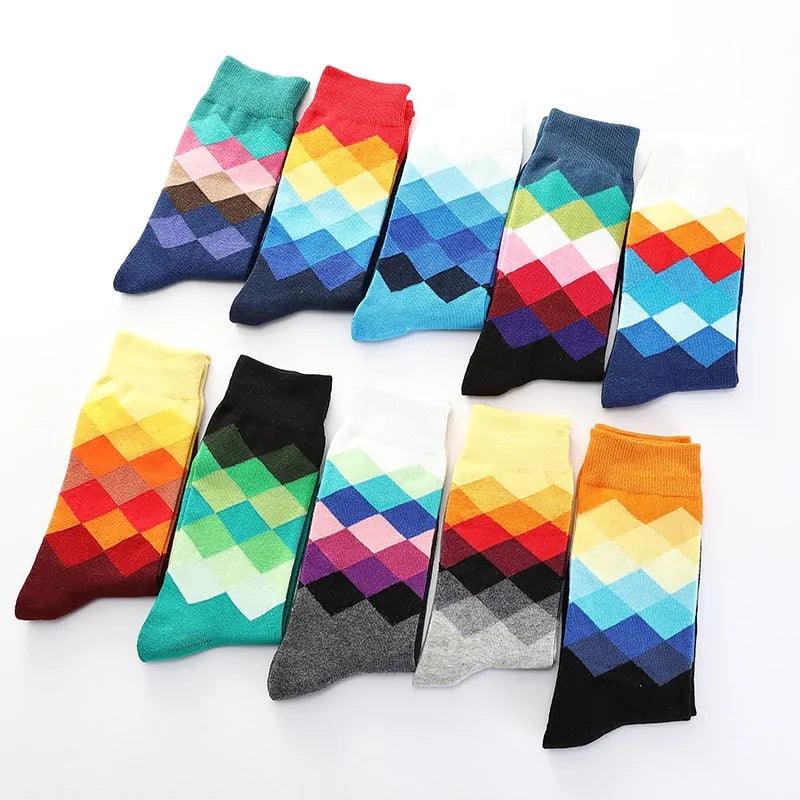 Men's Funny Diamond Pattern Happy Socks: Large Size Combed Cotton