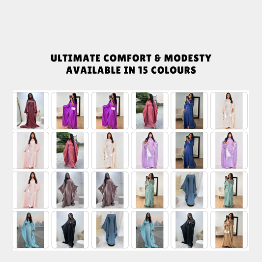 Satin Butterfly Abaya | Elegant Islamic Maxi Dress for Ramadan and Beyond | Available in 15 Colours