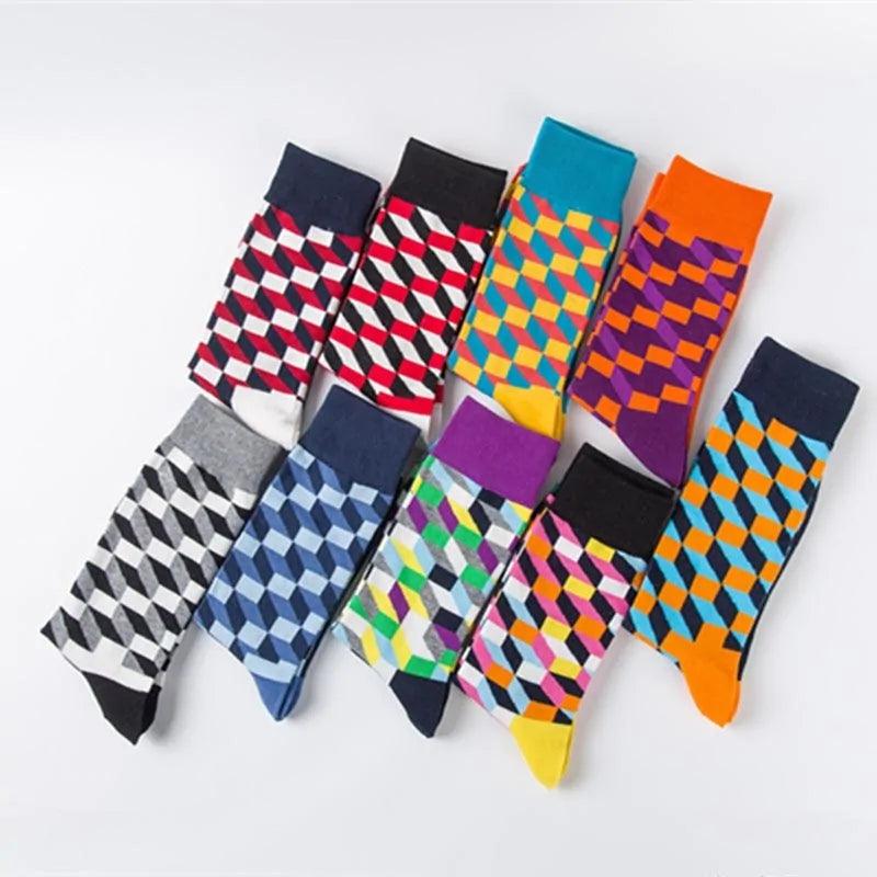 Men's Funny Diamond Pattern Happy Socks: Large Size Combed Cotton