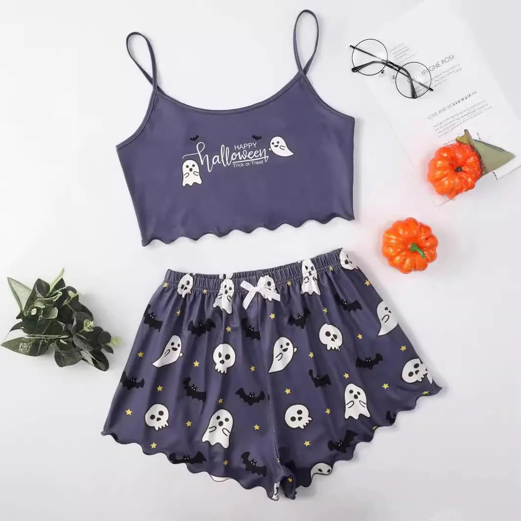 Women’s Halloween Two-Piece Pajama Set – Cozy Polyester Sleepwear