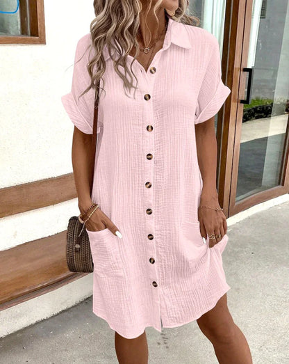 Summer Short Sleeve Solid Color Shirt Dress