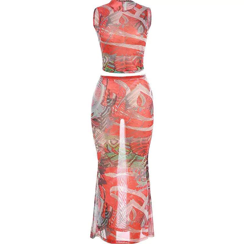 Callie Mesh Printed Maxi Skirt Set