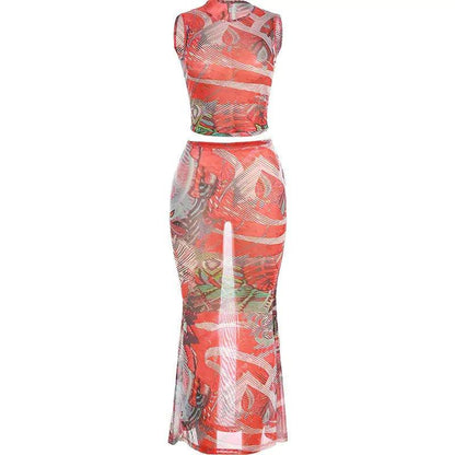 Callie Mesh Printed Maxi Skirt Set