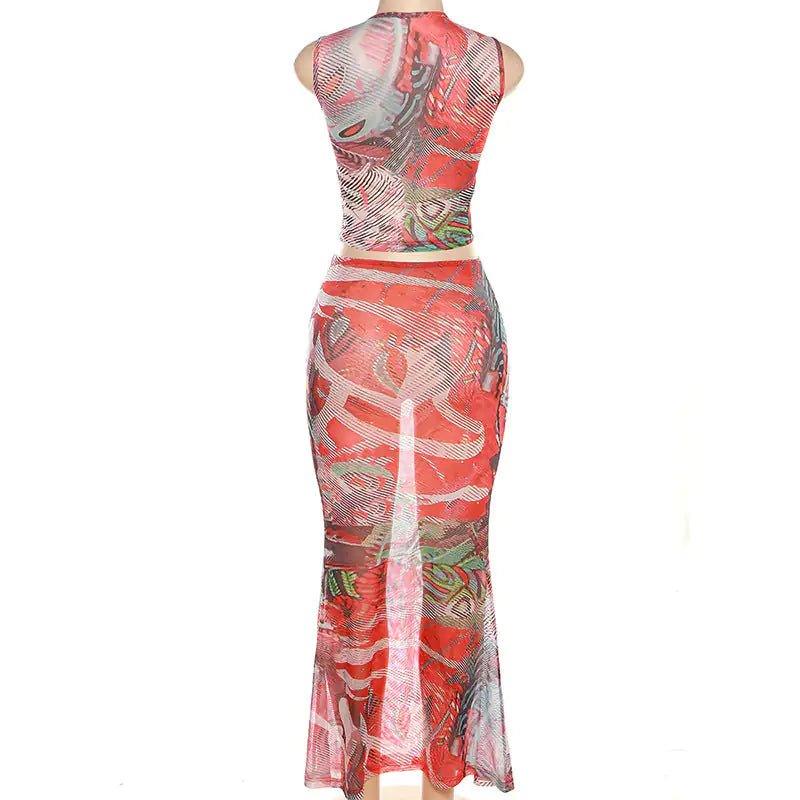 Callie Mesh Printed Maxi Skirt Set