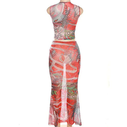 Callie Mesh Printed Maxi Skirt Set