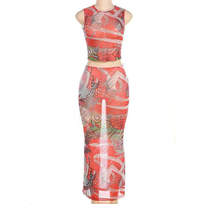 Callie Mesh Printed Maxi Skirt Set