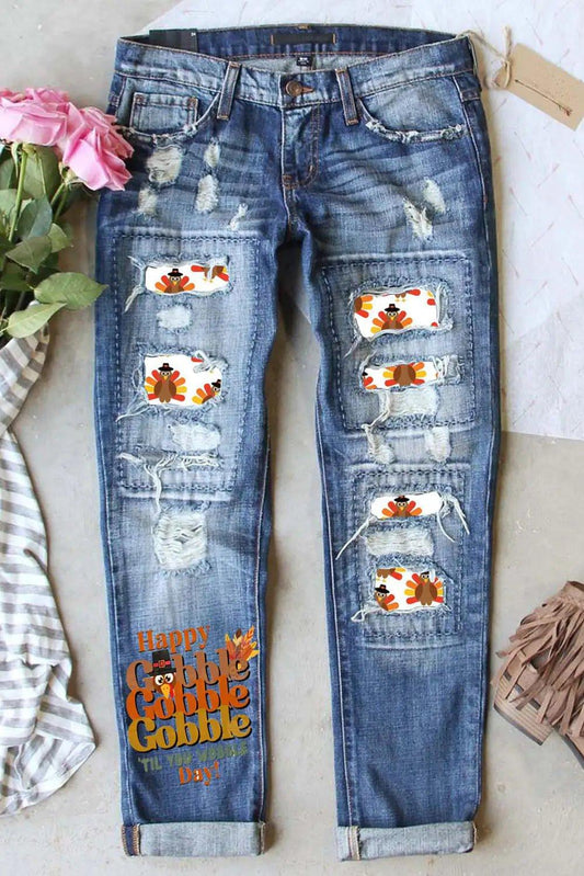 Cartoon Turkey Graphic Mid - Waist Ripped Jeans