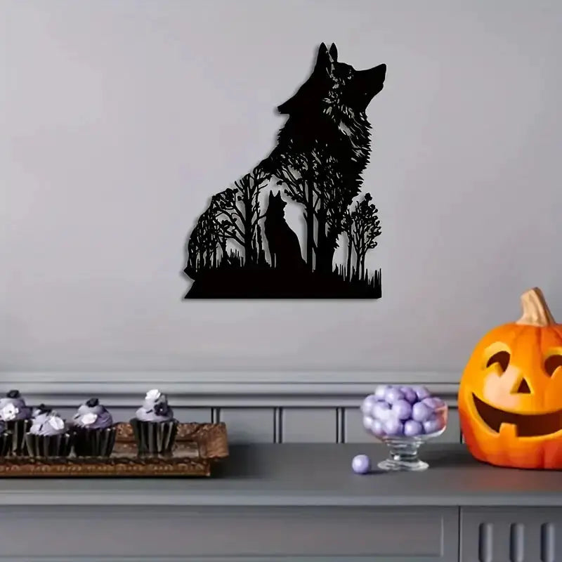 Halloween Black Wolf Wall Decoration - Bold and Spooky Metal Art