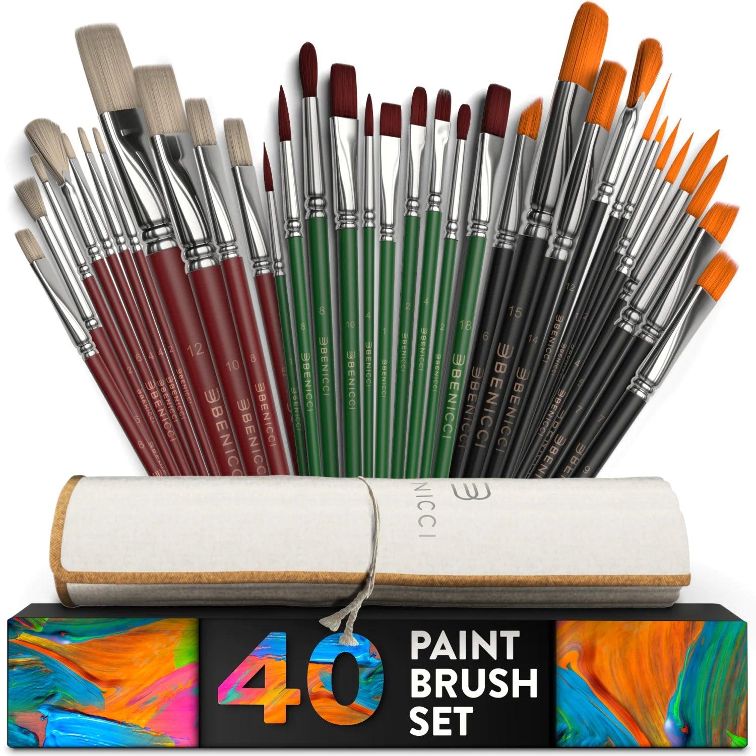 Easy Grip 40 Piece Artist Paint Brush Set with Storage Case - Includes Round and Flat Art Brushes with Hog, Pony, and Nylon Hair Bristles