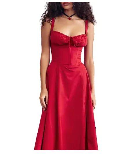 Elegant Midi Dress for Women – Sleeveless Corset Bandeau with Lace - Up and Side Split Hem