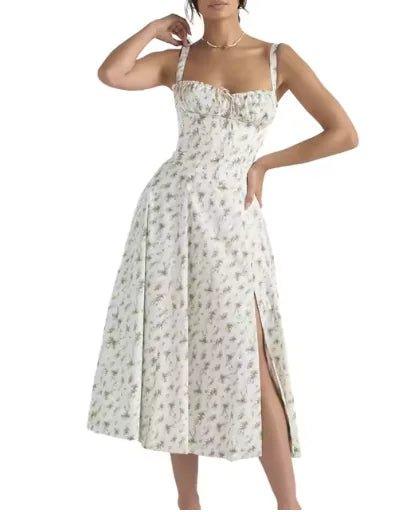 Elegant Midi Dress for Women – Sleeveless Corset Bandeau with Lace - Up and Side Split Hem