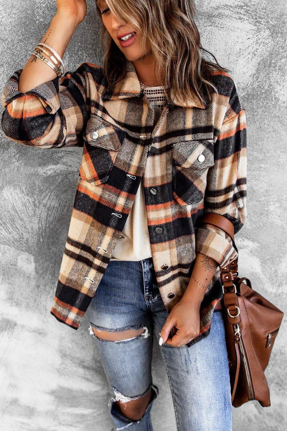 Geometric Plaid Print Pocketed Shirt