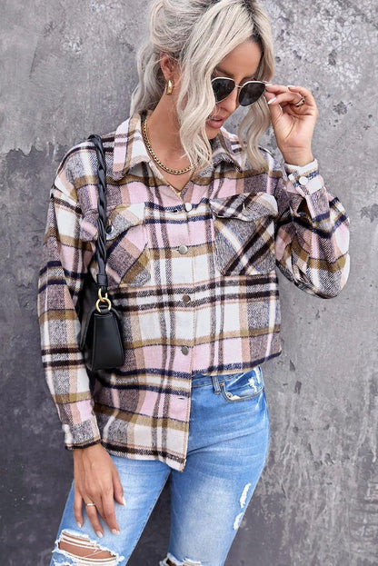 Geometric Plaid Print Pocketed Shirt