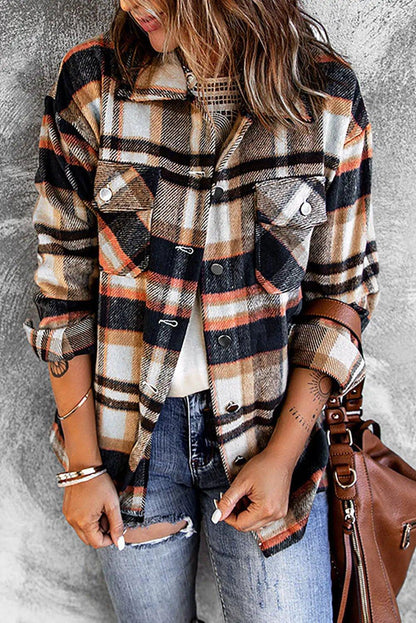 Geometric Plaid Print Pocketed Shirt