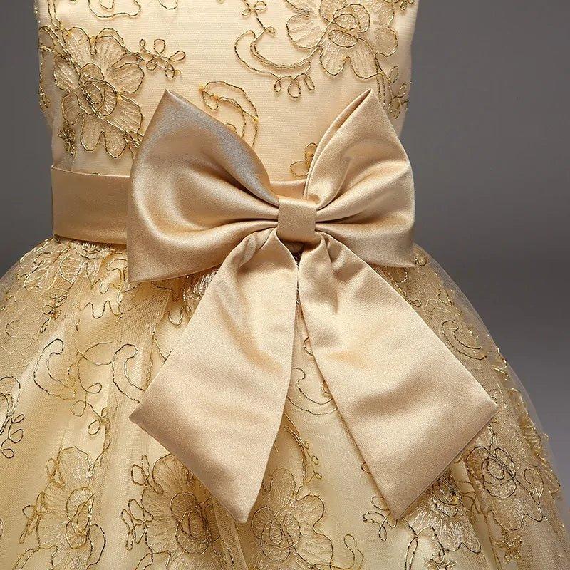 Gold Embroidery Floral Patterns Dress For Girls