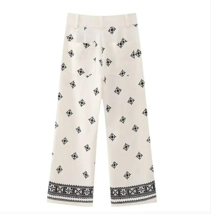 High - Waist Printed Linen Wide - Leg Pants