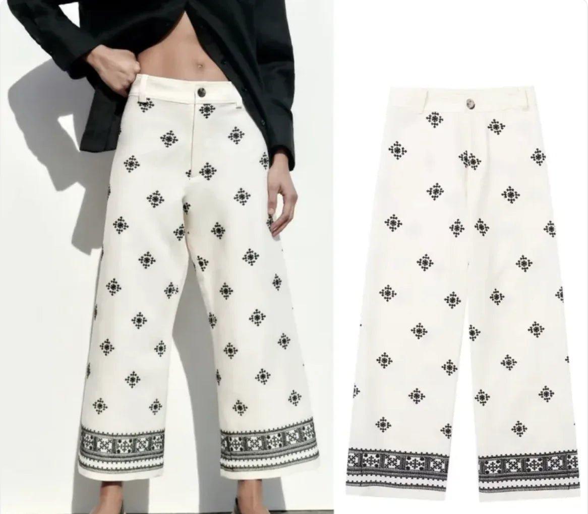 High - Waist Printed Linen Wide - Leg Pants