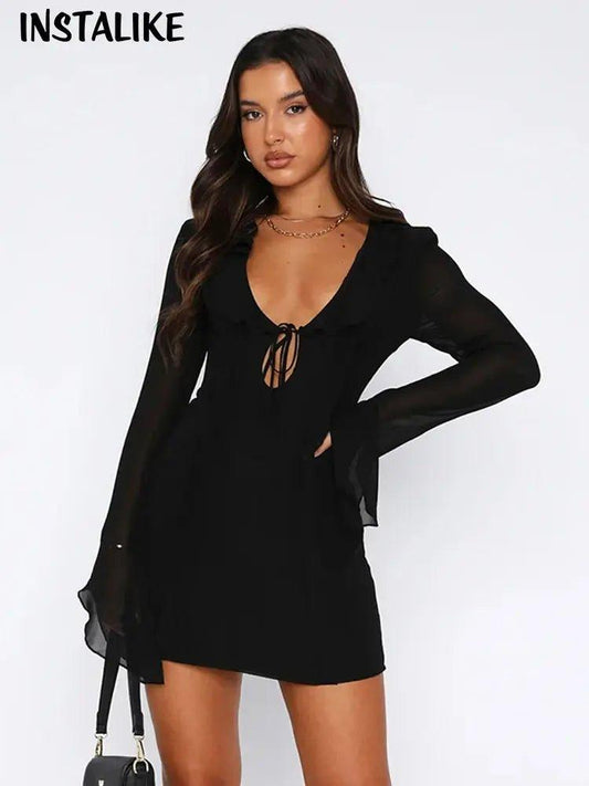 InstLike - Hollow Out Flare Sleeve Mini Dress