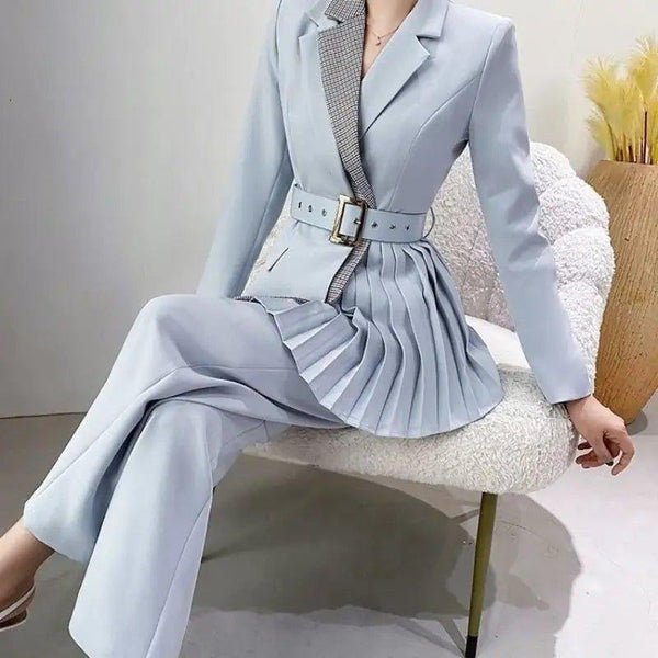 Elegant Women’s Pleated Blazer Set - Turn Down Collar & Belted Jacket