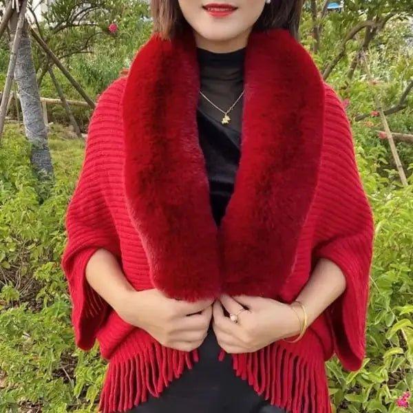 Knitted Fringed Fur - Neck Shawl