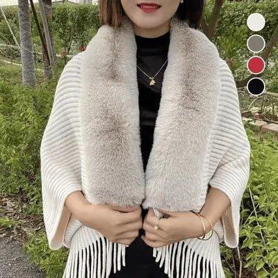 Knitted Fringed Fur - Neck Shawl