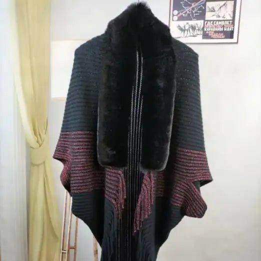 Knitted Fringed Fur - Neck Shawl