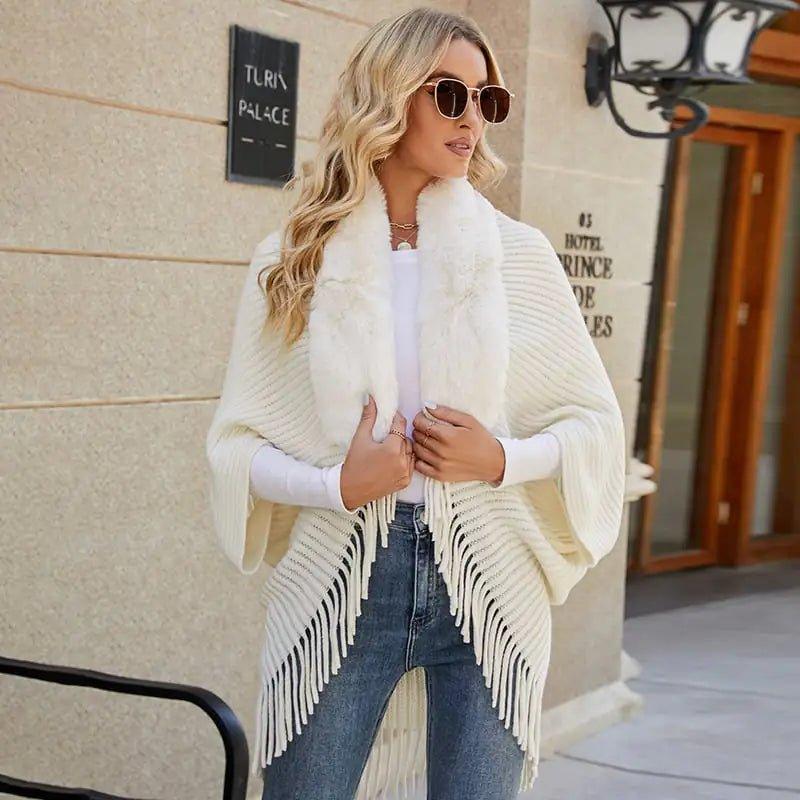 Knitted Fringed Fur - Neck Shawl