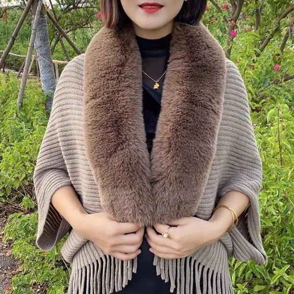 Knitted Fringed Fur - Neck Shawl