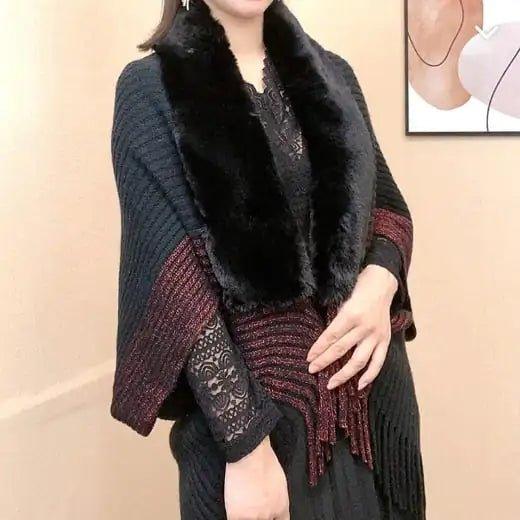 Knitted Fringed Fur - Neck Shawl