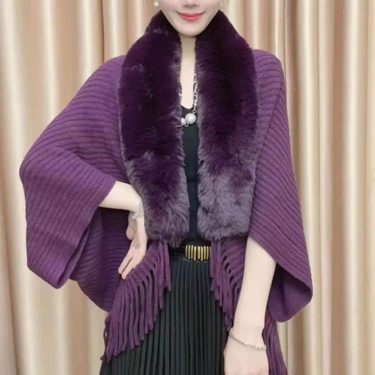 Knitted Fringed Fur - Neck Shawl