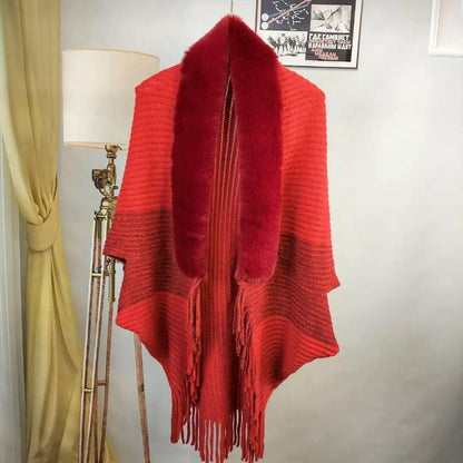 Knitted Fringed Fur - Neck Shawl