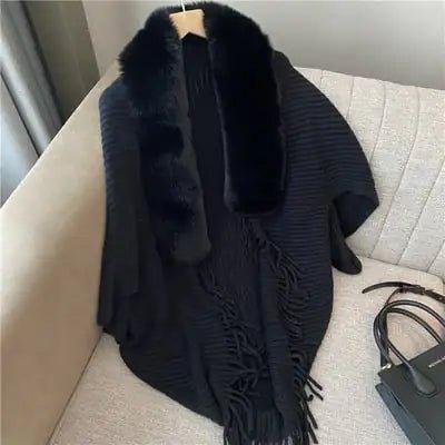 Knitted Fringed Fur - Neck Shawl