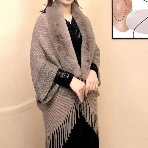 Knitted Fringed Fur - Neck Shawl