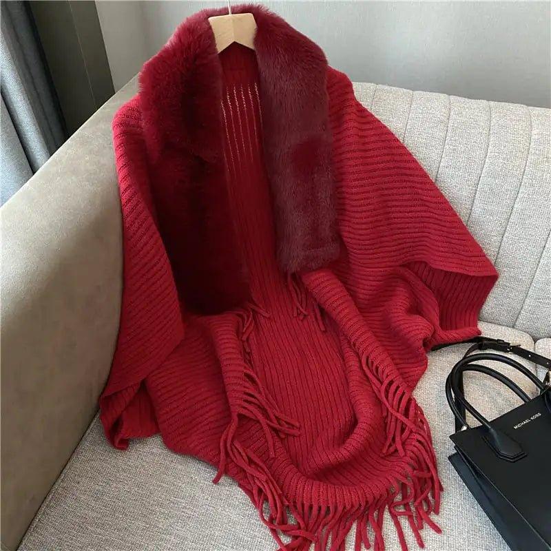 Knitted Fringed Fur - Neck Shawl