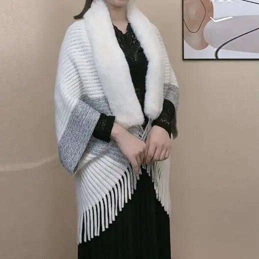 Knitted Fringed Fur - Neck Shawl