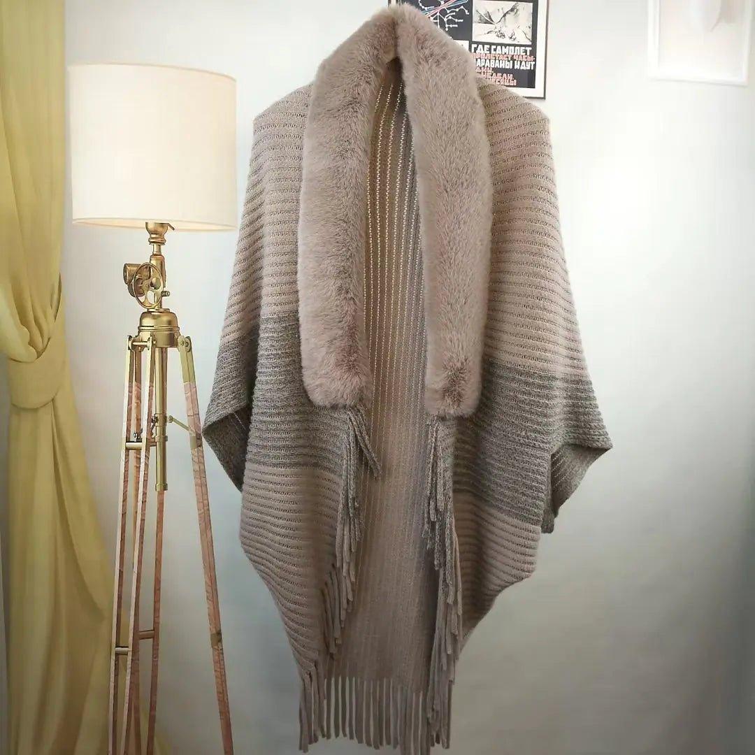 Knitted Fringed Fur - Neck Shawl