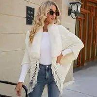 Knitted Fringed Fur - Neck Shawl