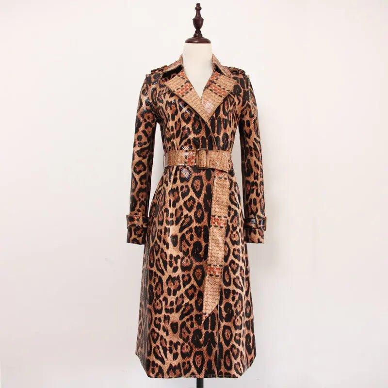 Leopard Printed Leather Trench Coat