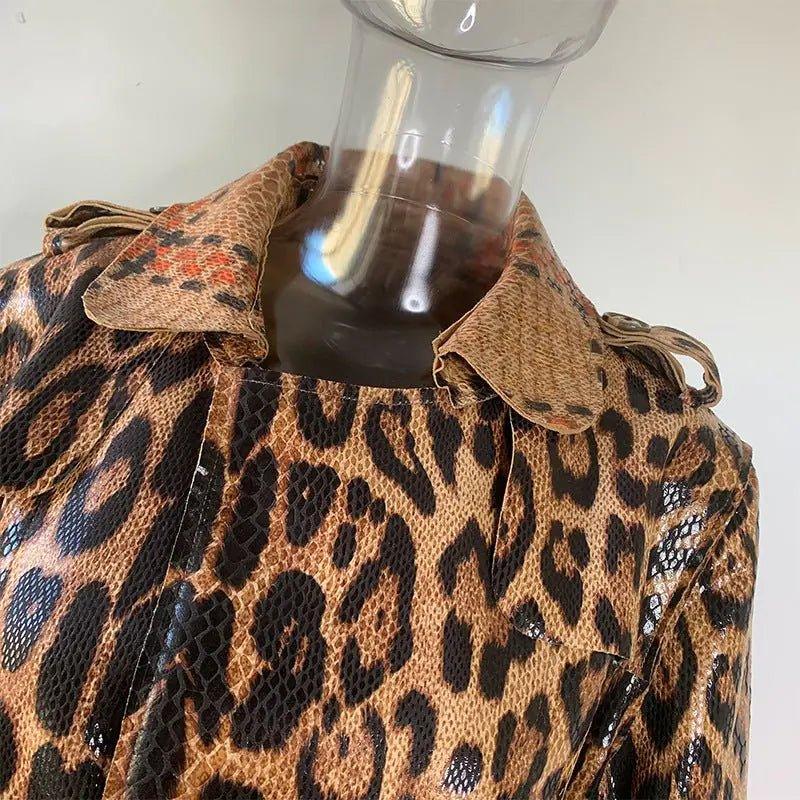 Leopard Printed Leather Trench Coat