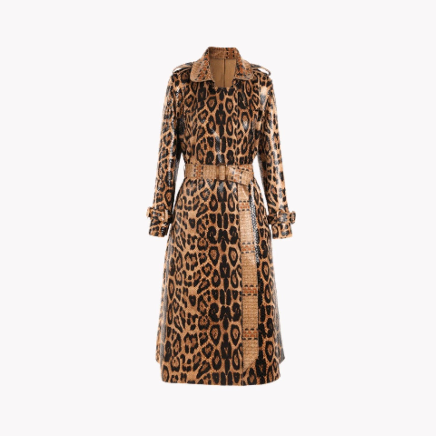 Leopard Printed Leather Trench Coat