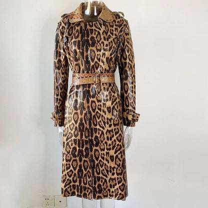 Leopard Printed Leather Trench Coat