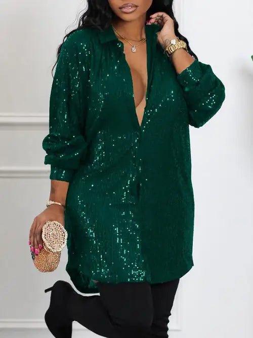 Long Sleeve Allover Sequin Shirt Dress