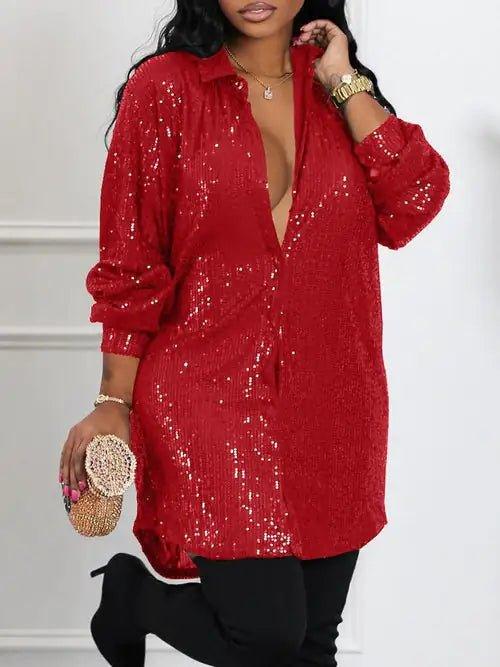 Long Sleeve Allover Sequin Shirt Dress