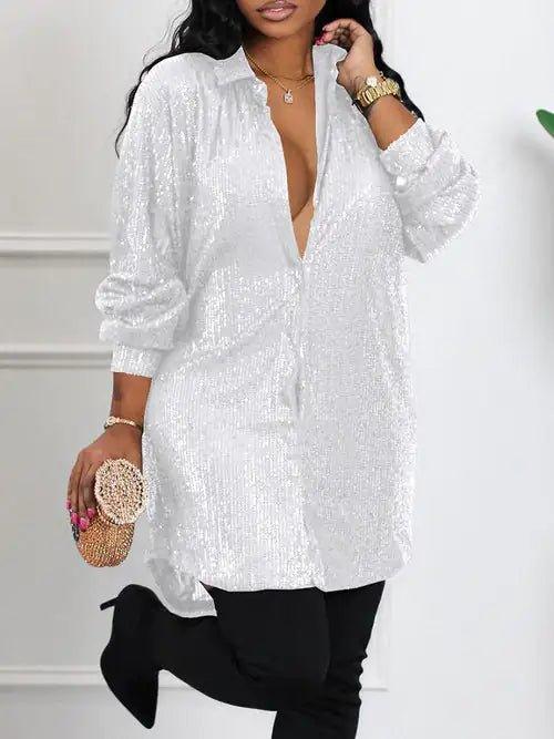 Long Sleeve Allover Sequin Shirt Dress