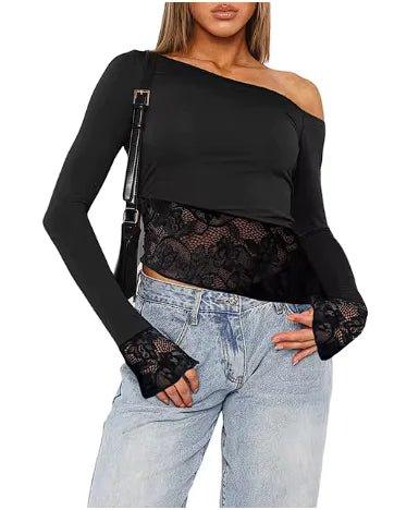 Long Sleeve Lace Patchwork Off - Shoulder T-Shirt